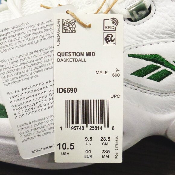 Brand New Reebok Men\'s Question Mid. White/Green Sz 9 New In Box ID6690 F53
